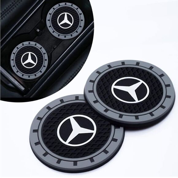 Mercedes logo cup Coasters in black and gray Set of 2 NWT - Picture 1 of 9